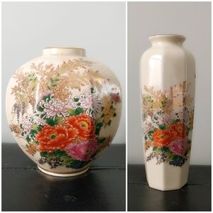 Set of 2 Vintage Japanese Kenzan Gama Floral Peony Mum Crackle Vases Tall Round